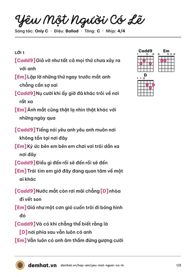 Hợp âm Yêu Một Người Có Lẽ (Miu Lê) – bản nhạc PDF trang 1, tông C