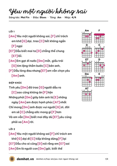 Hợp âm Yêu một người không sai (Mai Fin) – bản nhạc PDF trang 1, tông Am