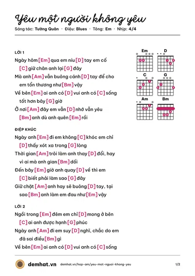Hợp âm Yêu một người không yêu (Song Thư) – bản nhạc PDF trang 1, tông Em