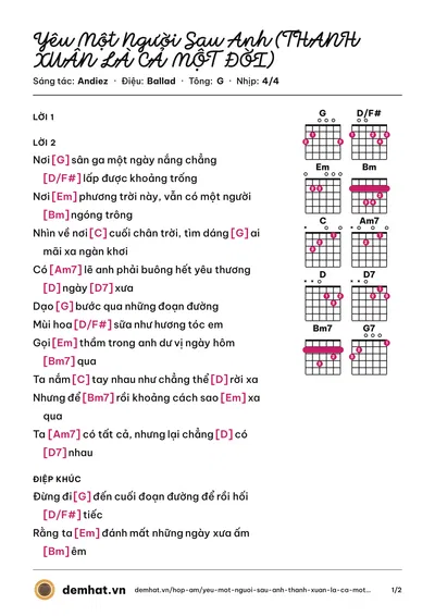 Hợp âm Yêu Một Người Sau Anh (THANH XUÂN LÀ CẢ MỘT ĐỜI) (Gin Tuấn Kiệt) – bản nhạc PDF trang 1, tông G