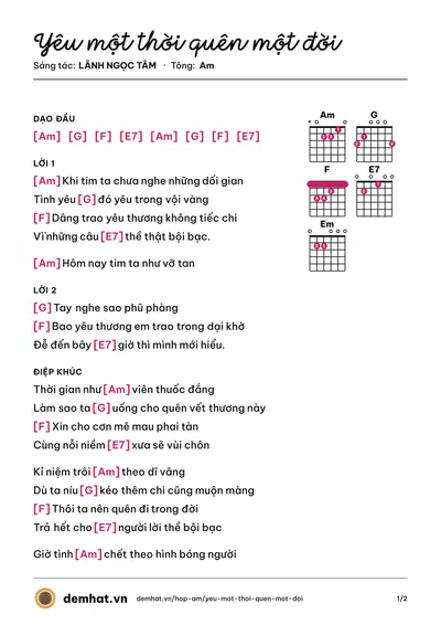 Hợp âm Yêu một thời quên một đời (LÃNH NGỌC TÂM) – bản nhạc PDF trang 1, tông Am