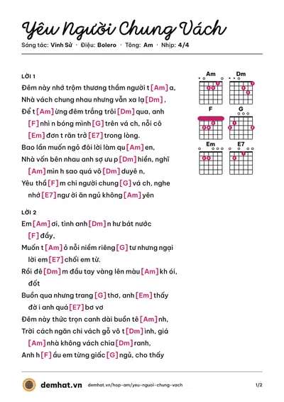 Hợp âm Yêu Người Chung Vách (Mạnh Quỳnh) – bản nhạc PDF trang 1, tông Am
