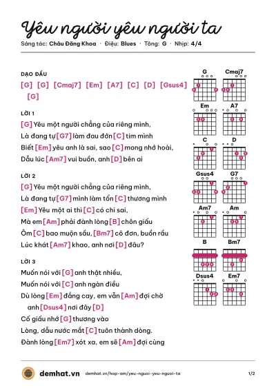 Hợp âm Yêu người yêu người ta (Ý Nhi) – bản nhạc PDF trang 1, tông G