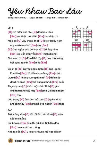 Hợp âm Yêu Nhau Bao Lâu (SimonC) – bản nhạc PDF trang 1, tông Em