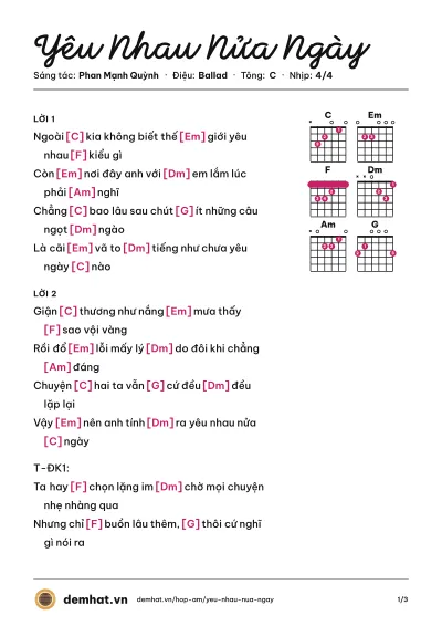 Hợp âm Yêu Nhau Nửa Ngày (Phan Mạnh Quỳnh) – bản nhạc PDF trang 1, tông C