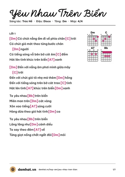 Hợp âm Yêu Nhau Trên Biển (Gia Huy) – bản nhạc PDF trang 1, tông Dm