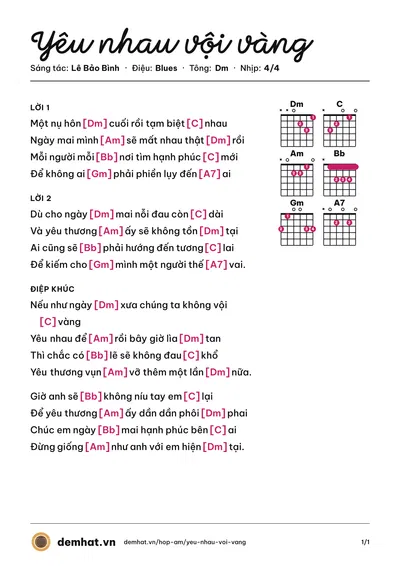 Hợp âm Yêu nhau vội vàng (Lê Bảo Bình) – bản nhạc PDF trang 1, tông Dm