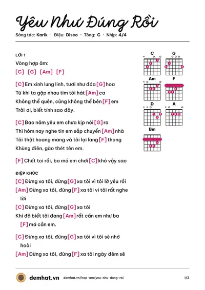 Hợp âm Yêu Như Đúng Rồi (Karik) – bản nhạc PDF trang 1, tông C