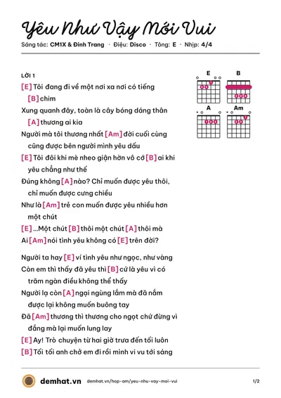 Hợp âm Yêu Như Vậy Mới Vui (Đinh Trang) – bản nhạc PDF trang 1, tông E
