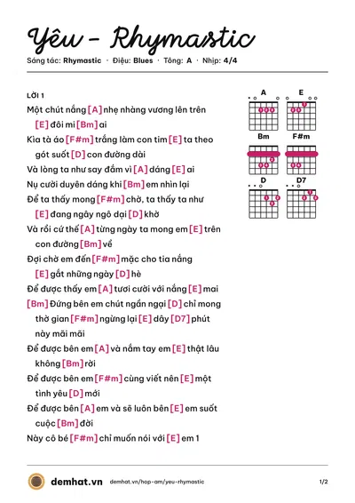 Hợp âm Yêu - Rhymastic (Rhymastic) – bản nhạc PDF trang 1, tông A