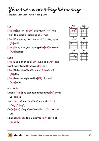 Hợp âm Yêu sao cuộc sống hôm nay (Nhóm 135) – bản nhạc PDF trang 1, tông Am