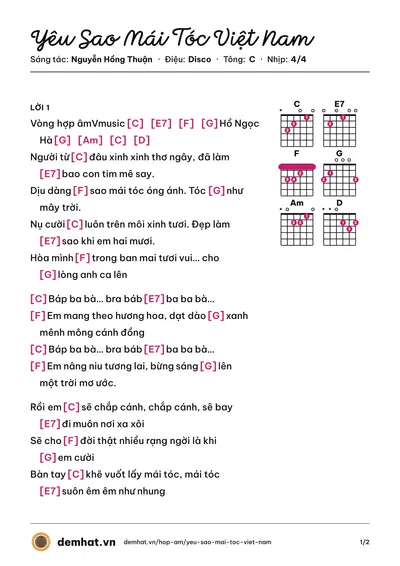 Hợp âm Yêu Sao Mái Tóc Việt Nam (VMusic) – bản nhạc PDF trang 1, tông C