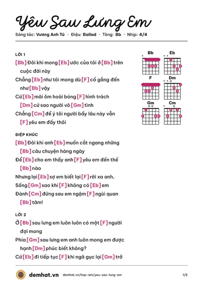 Hợp âm Yêu Sau Lưng Em (Vương Anh Tú) – bản nhạc PDF trang 1, tông Bb