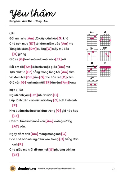 Hợp âm Yêu thầm (Châu Khải Phong) – bản nhạc PDF trang 1, tông Am