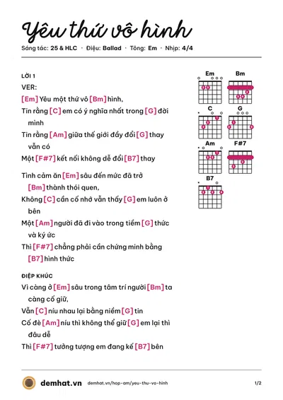 Hợp âm Yêu thứ vô hình (Khả Huy) – bản nhạc PDF trang 1, tông Em