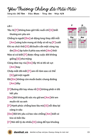 Hợp âm Yêu Thương Chẳng Là Mãi Mãi (DC Tâm) – bản nhạc PDF trang 1, tông Am