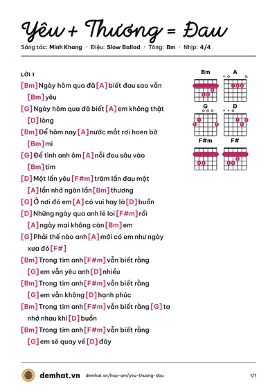Hợp âm Yêu + Thương = Đau (Quang Vinh) – bản nhạc PDF trang 1, tông Bm