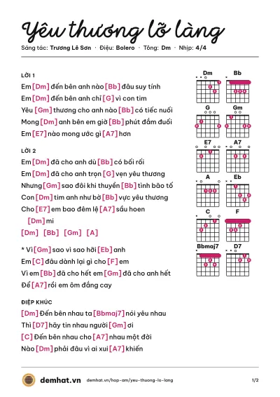 Hợp âm Yêu thương lỡ làng (Lệ Quyên) – bản nhạc PDF trang 1, tông Dm