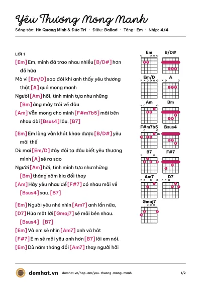 Hợp âm Yêu Thương Mong Manh (Lệ Quyên) – bản nhạc PDF trang 1, tông Em