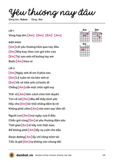 Hợp âm Yêu thương nay đâu (Thiên An) – bản nhạc PDF trang 1, tông Am