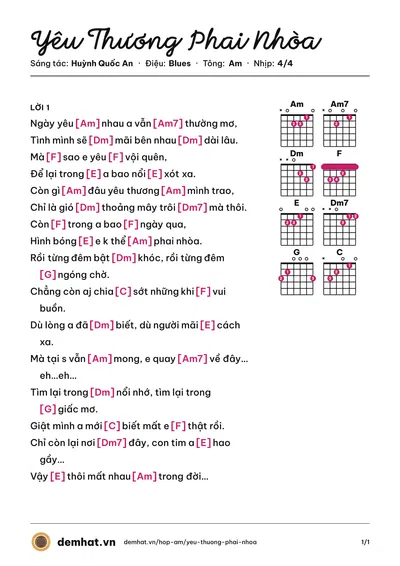 Hợp âm Yêu Thương Phai Nhòa (Huỳnh An) – bản nhạc PDF trang 1, tông Am
