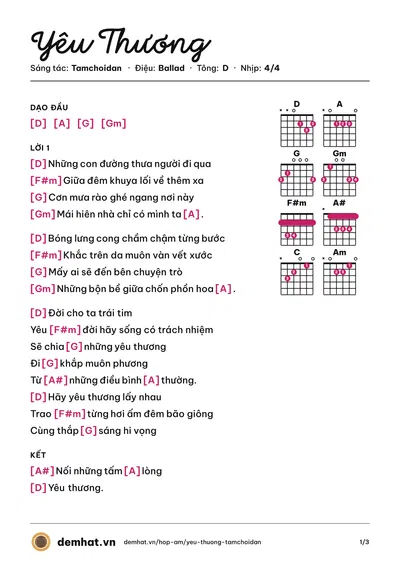 Hợp âm Yêu Thương (Tamchoidan) – bản nhạc PDF trang 1, tông D