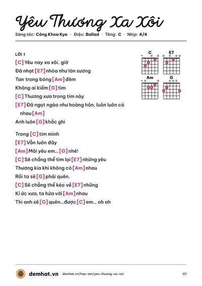 Hợp âm Yêu Thương Xa Xôi (Công Khoa) – bản nhạc PDF trang 1, tông C
