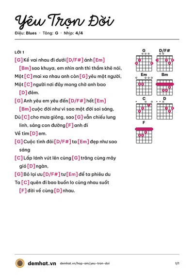 Hợp âm Yêu Trọn Đời (Hồ Việt Trung) – bản nhạc PDF trang 1, tông G