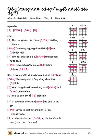 Hợp âm Yêu trong ánh sáng (Tuyết nhiệt đới OST) (Đức Tuấn) – bản nhạc PDF trang 1, tông A