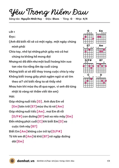 Hợp âm Yêu Trong Niềm Đau (Cẩm Ly) – bản nhạc PDF trang 1, tông G