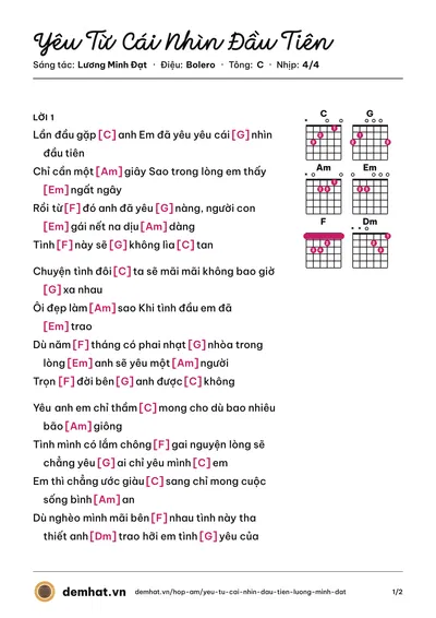 Hợp âm Yêu Từ Cái Nhìn Đầu Tiên (Lương Minh Đạt) – bản nhạc PDF trang 1, tông C