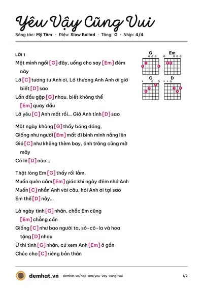 Hợp âm Yêu Vậy Cũng Vui (Mỹ Tâm) – bản nhạc PDF trang 1, tông G