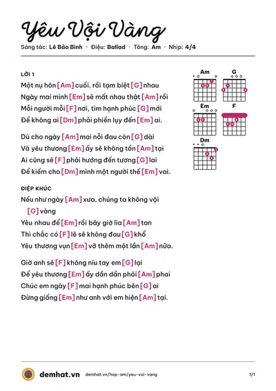 Hợp âm Yêu Vội Vàng (Lê Bảo Bình) – bản nhạc PDF trang 1, tông Am