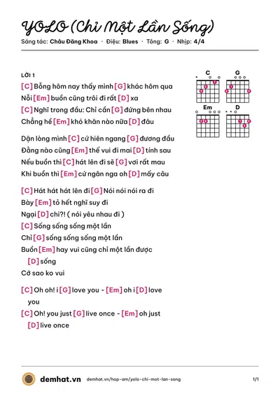 Hợp âm YOLO (Chỉ Một Lần Sống) (P336) – bản nhạc PDF trang 1, tông G