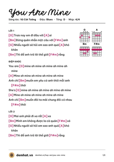 Hợp âm You Are Mine (Vũ Cát Tường) – bản nhạc PDF trang 1, tông D