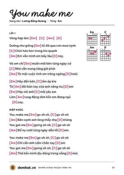 Hợp âm You make me (Lương Bằng Quang) – bản nhạc PDF trang 1, tông Em