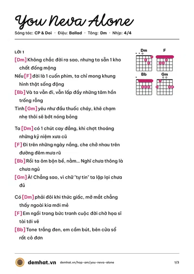 Hợp âm You Neva Alone (Lương Minh Trang) – bản nhạc PDF trang 1, tông Dm