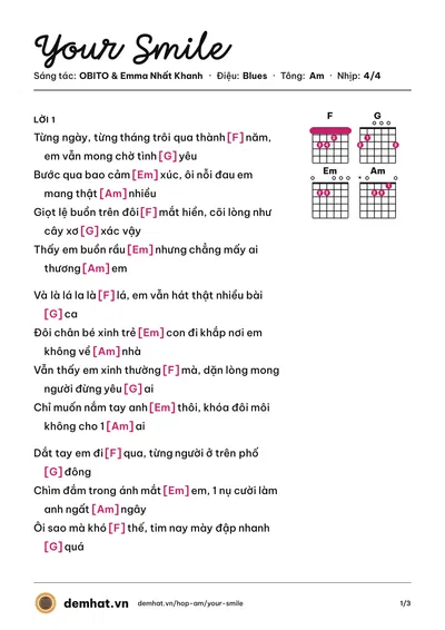 Hợp âm Your Smile (Emma Nhất Khanh) – bản nhạc PDF trang 1, tông Am