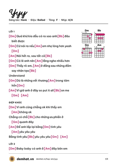 Hợp âm Yyy (Hank) – bản nhạc PDF trang 1, tông F