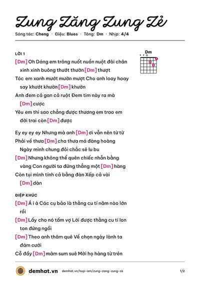Hợp âm Zung Zăng Zung Zẻ (Cheng) – bản nhạc PDF trang 1, tông Dm